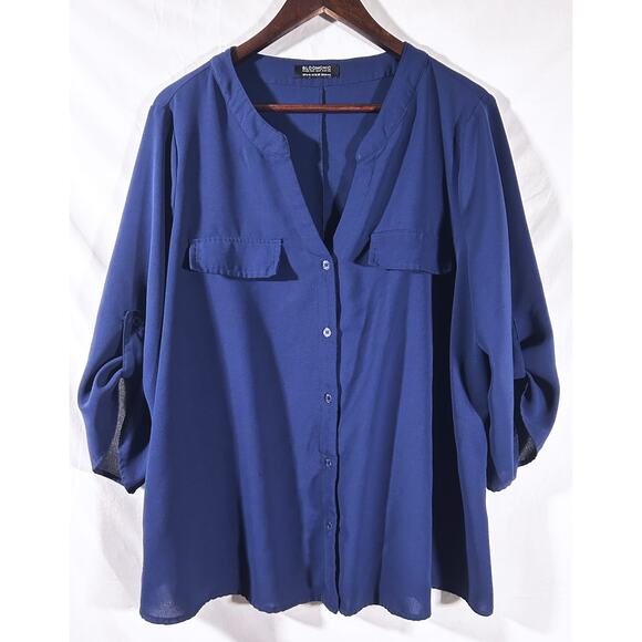 Bloomchic Navy Blue V-Neck Roll Tab Sleeve Flowing Blousem14/16 - Picture 1 of 10